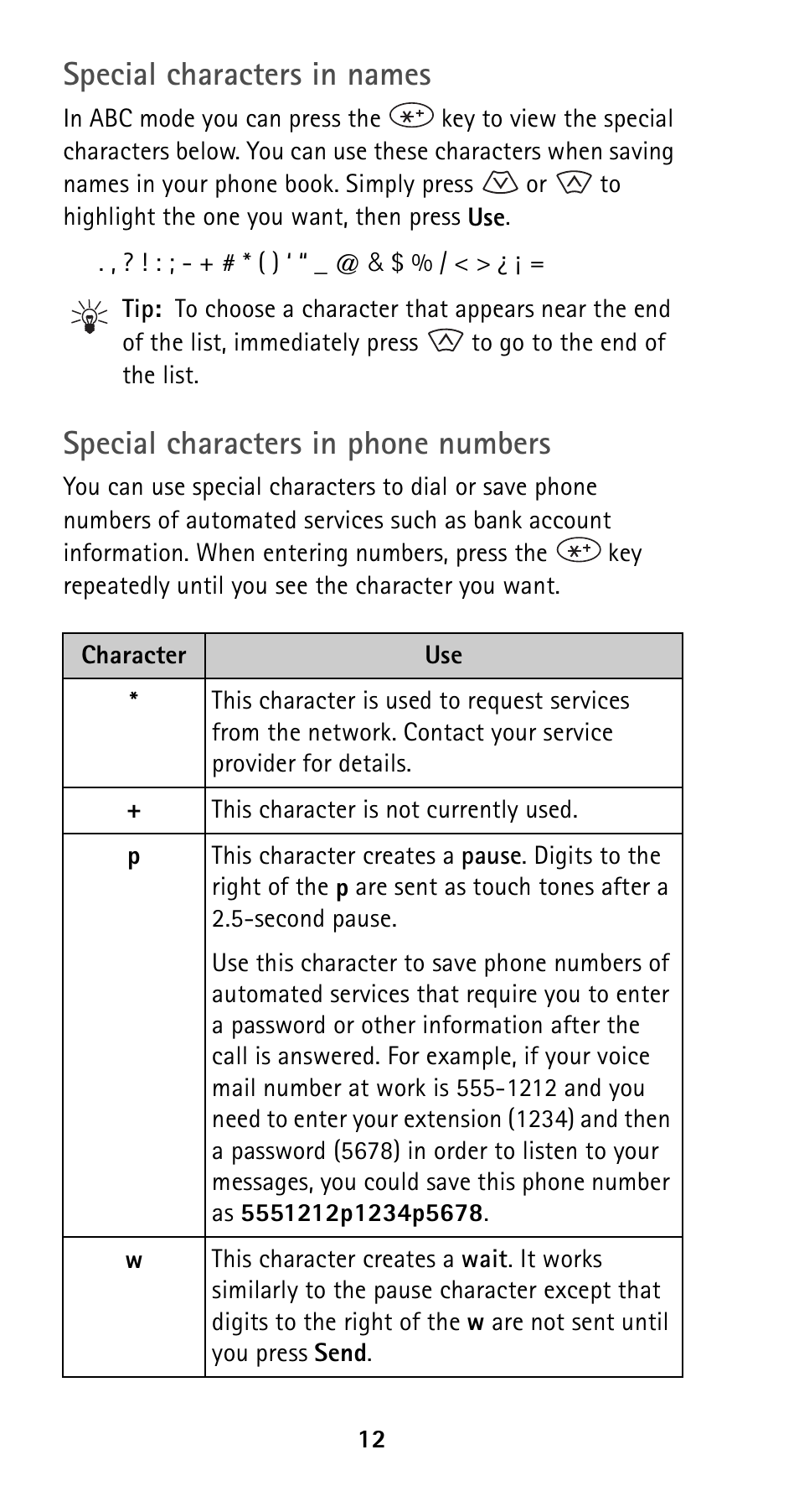 Special characters in names, Special characters in phone numbers | Nokia 5120 User Manual | Page 19 / 85