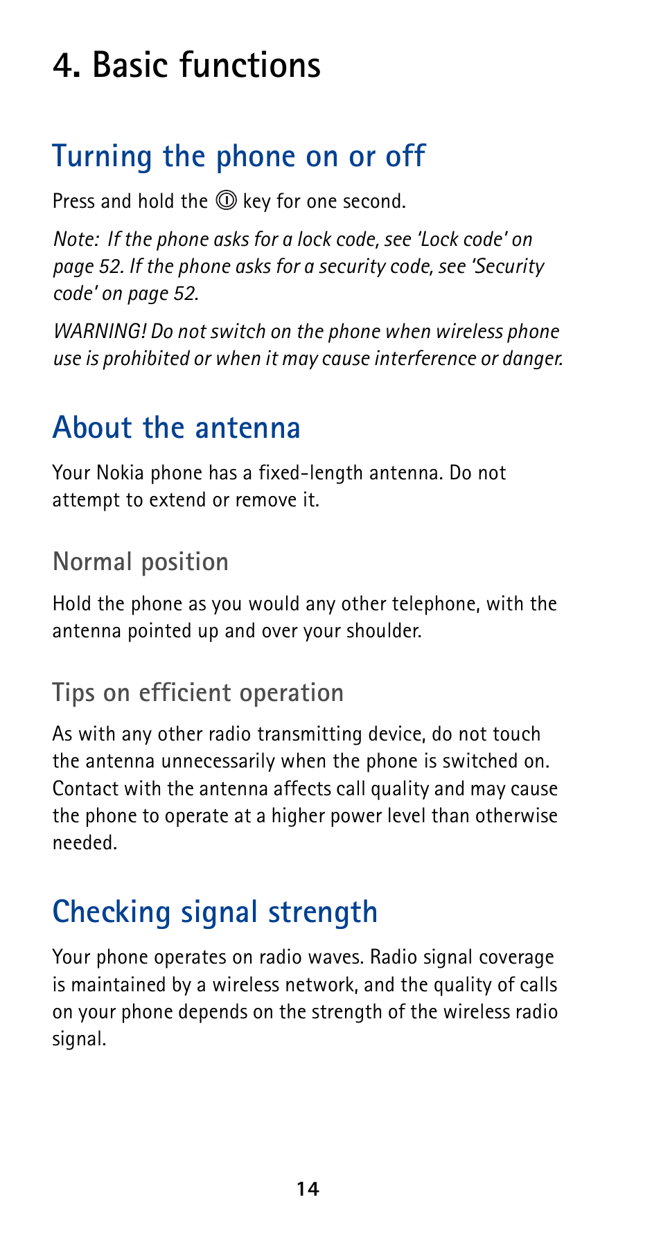 Basic functions, Turning the phone on or off, About the antenna | Checking signal strength | Nokia 5120 User Manual | Page 21 / 85