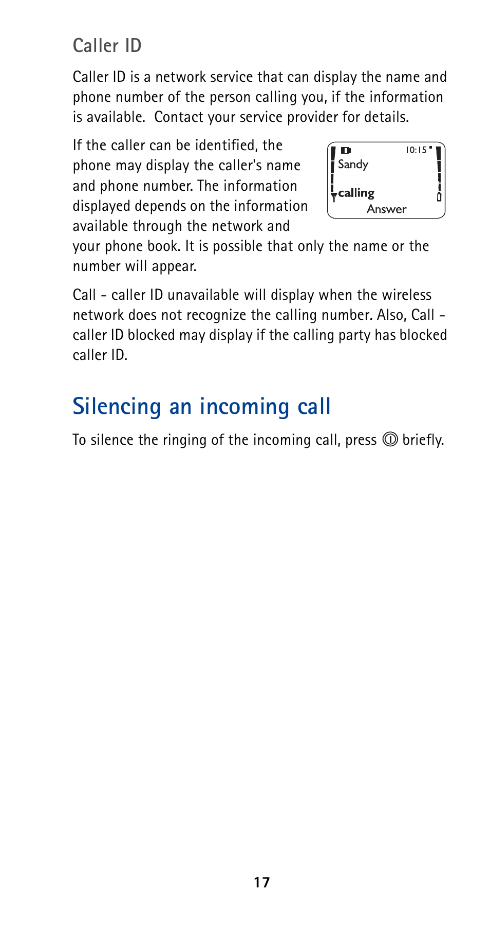 Silencing an incoming call, Caller id | Nokia 5120 User Manual | Page 24 / 85