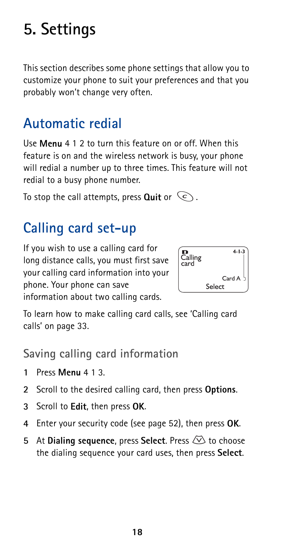 Settings, Automatic redial, Calling card set-up | Automatic redial calling card set-up | Nokia 5120 User Manual | Page 25 / 85