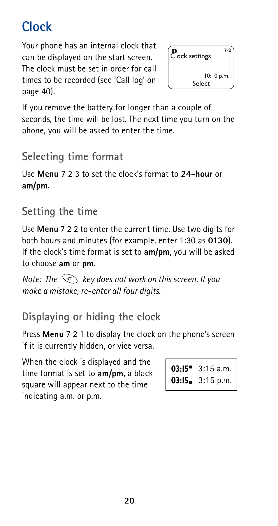 Clock, Selecting time format, Setting the time | Displaying or hiding the clock | Nokia 5120 User Manual | Page 27 / 85