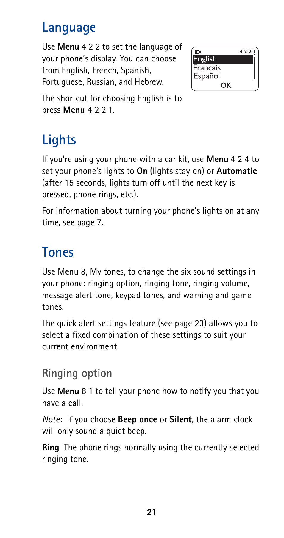 Language, Lights, Tones | Language lights tones | Nokia 5120 User Manual | Page 28 / 85
