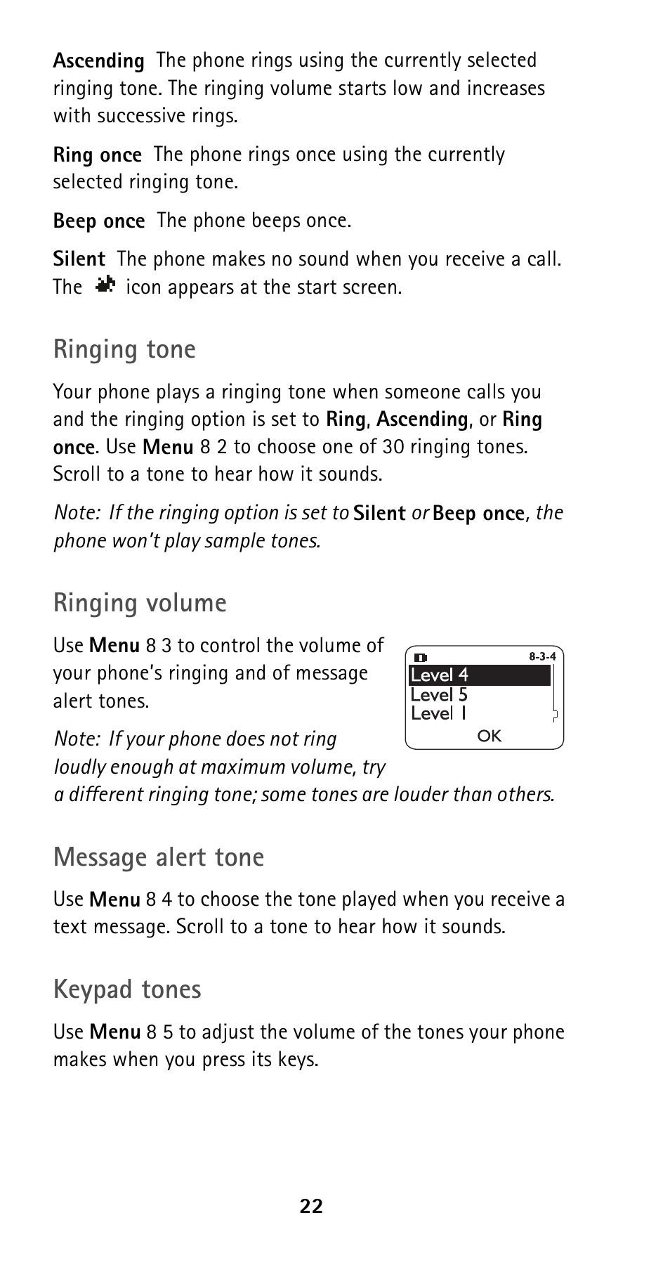 Ringing tone, Ringing volume, Message alert tone | Keypad tones | Nokia 5120 User Manual | Page 29 / 85