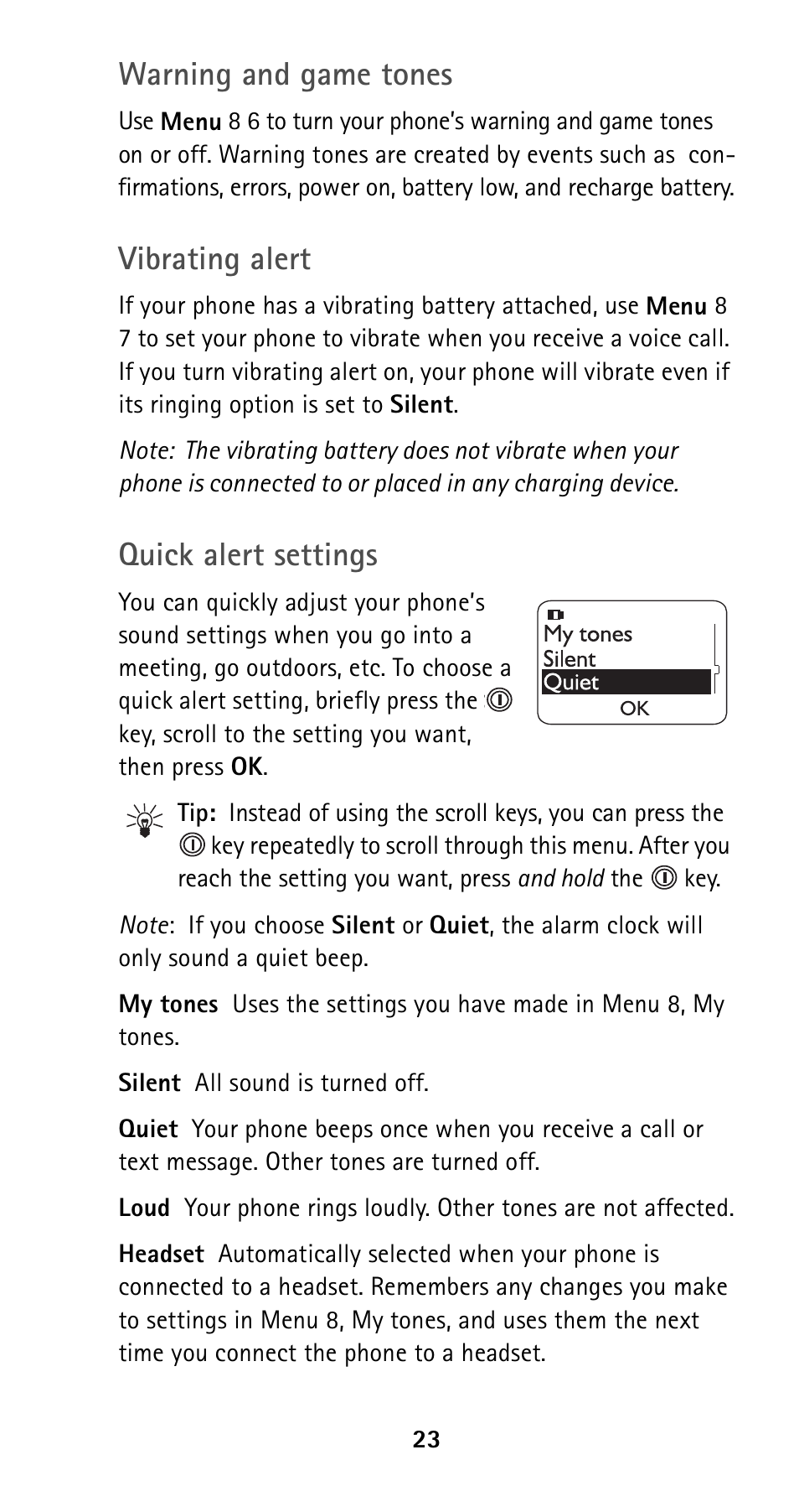 Quick alert settings, Warning and game tones, Vibrating alert | Nokia 5120 User Manual | Page 30 / 85