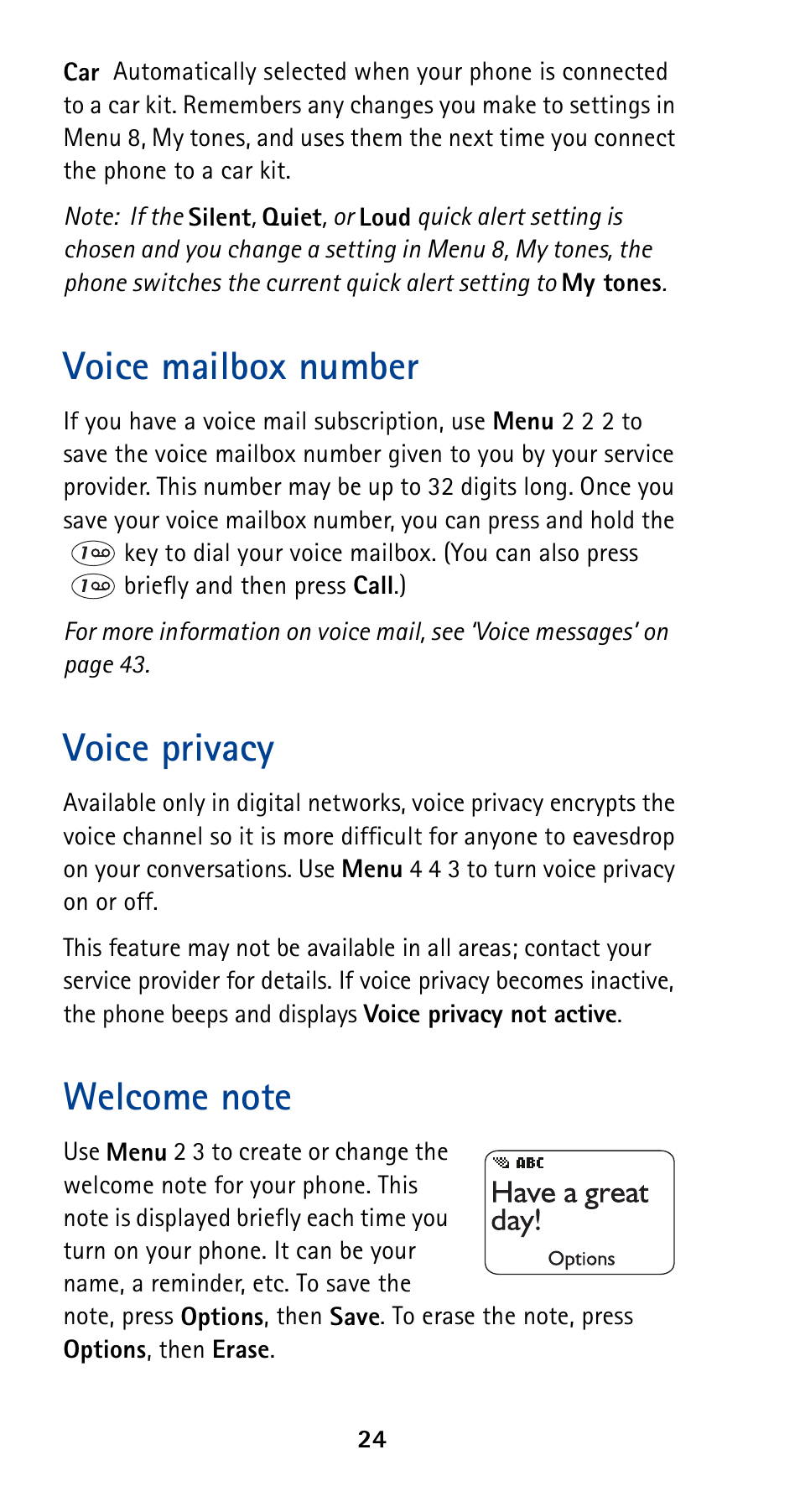Voice mailbox number, Voice privacy, Welcome note | Voice mailbox number voice privacy welcome note | Nokia 5120 User Manual | Page 31 / 85