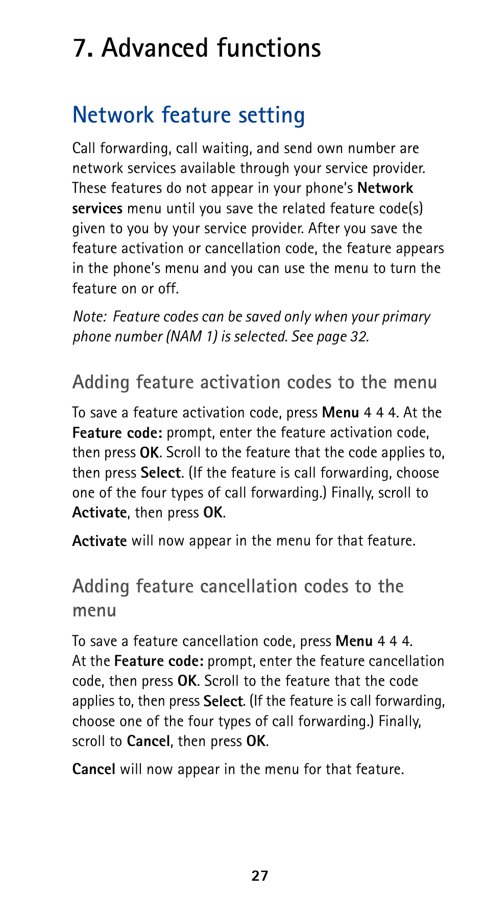Advanced functions, Network feature setting, Adding feature activation codes to the menu | Adding feature cancellation codes to the menu | Nokia 5120 User Manual | Page 34 / 85