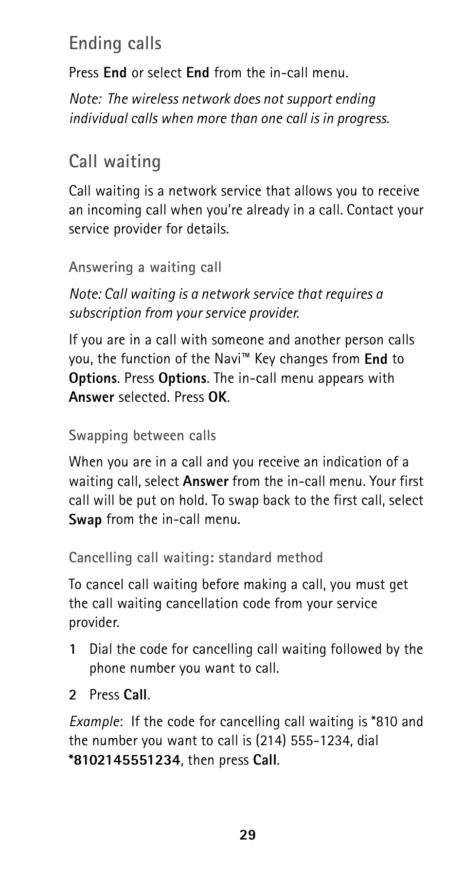 Ending calls, Call waiting | Nokia 5120 User Manual | Page 36 / 85