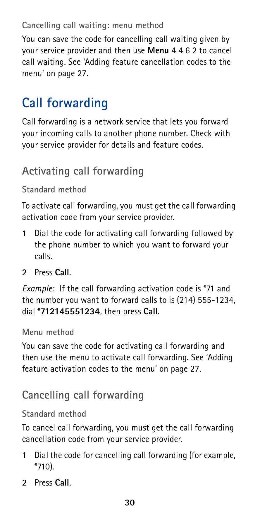 Call forwarding, Activating call forwarding, Cancelling call forwarding | Nokia 5120 User Manual | Page 37 / 85