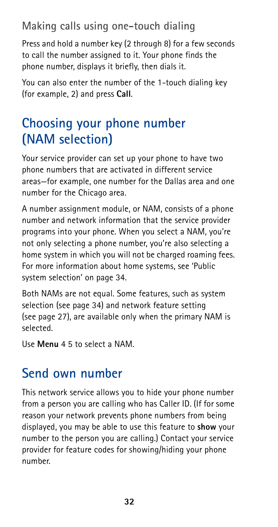 Choosing your phone number (namselection), Send own number, Choosing your phone number (nam selection) | Nokia 5120 User Manual | Page 39 / 85