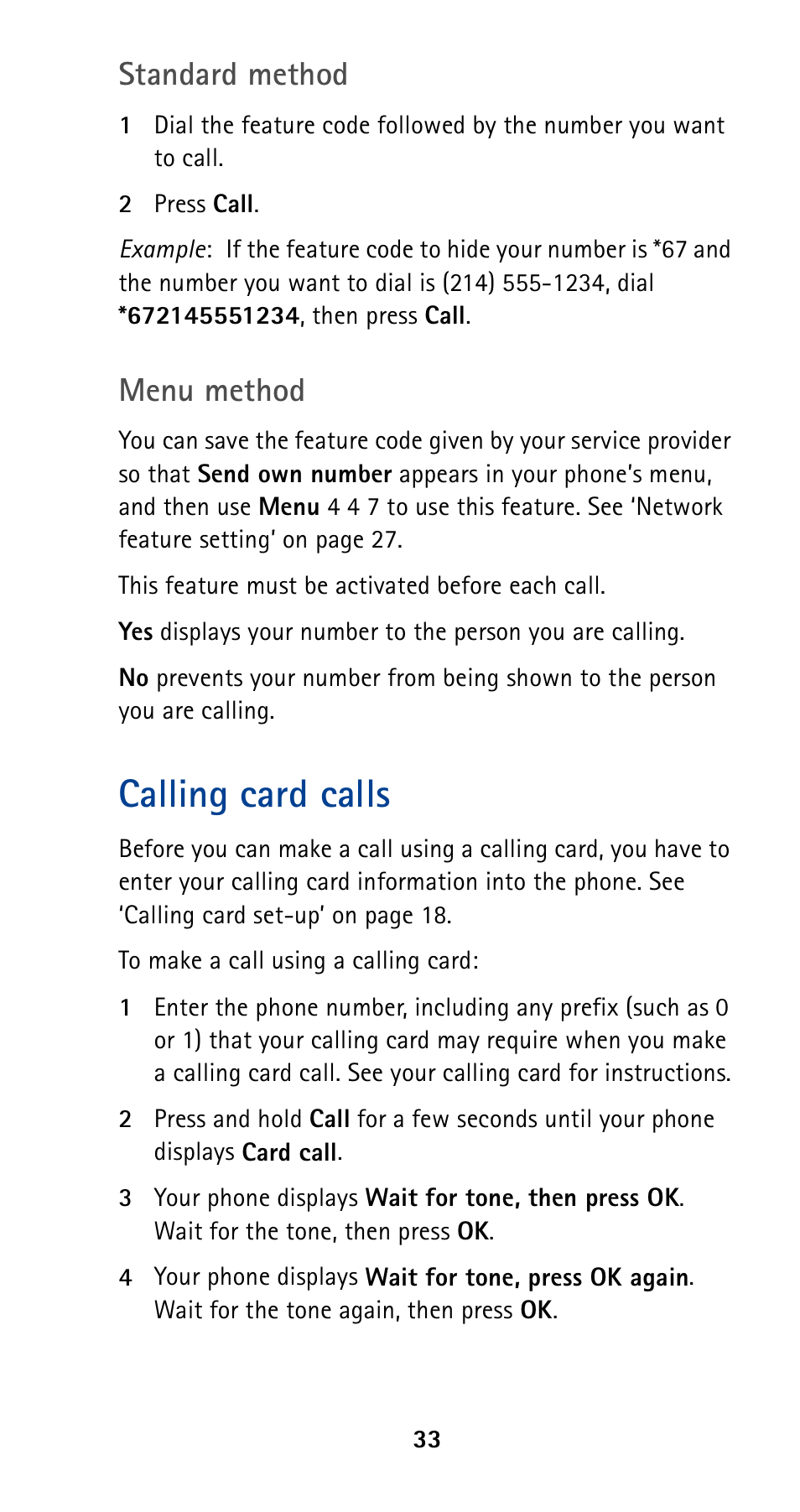 Calling card calls, Standard method, Menu method | Nokia 5120 User Manual | Page 40 / 85