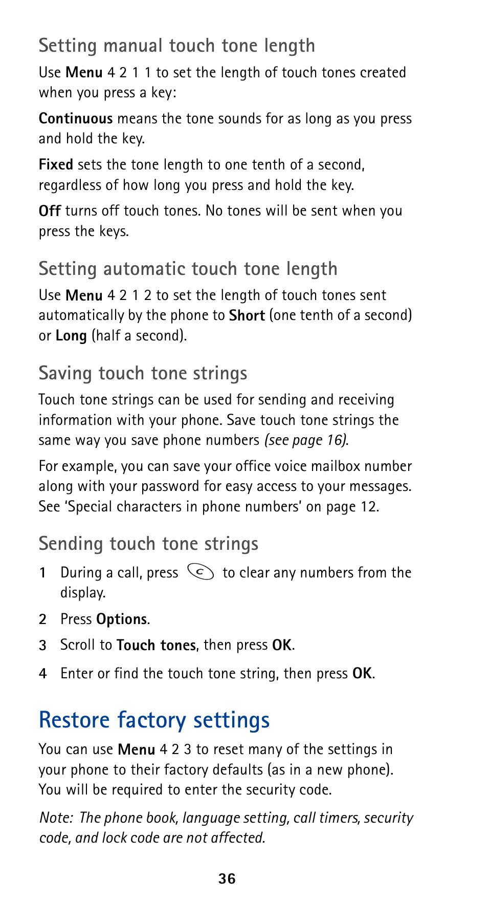 Restore factory settings, Security code, Setting manual touch tone length | Setting automatic touch tone length, Saving touch tone strings, Sending touch tone strings | Nokia 5120 User Manual | Page 43 / 85