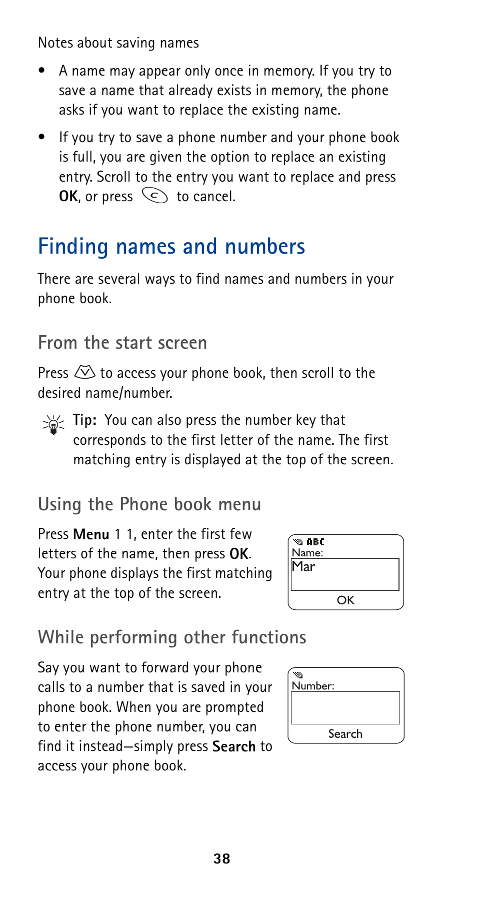 Finding names and numbers, Using the phone book menu, While performing other functions | Nokia 5120 User Manual | Page 45 / 85