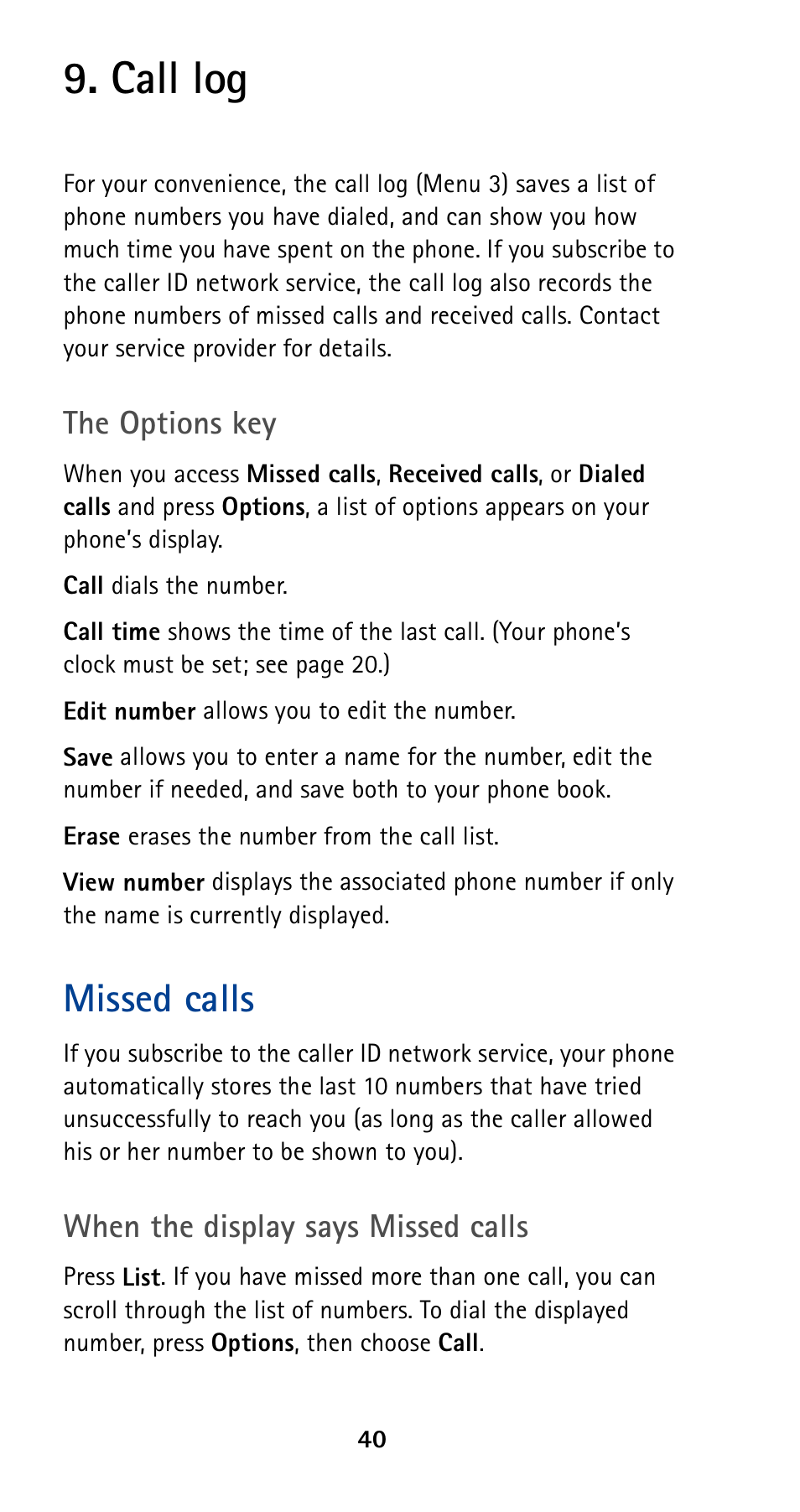 Call log, Missed calls | Nokia 5120 User Manual | Page 47 / 85