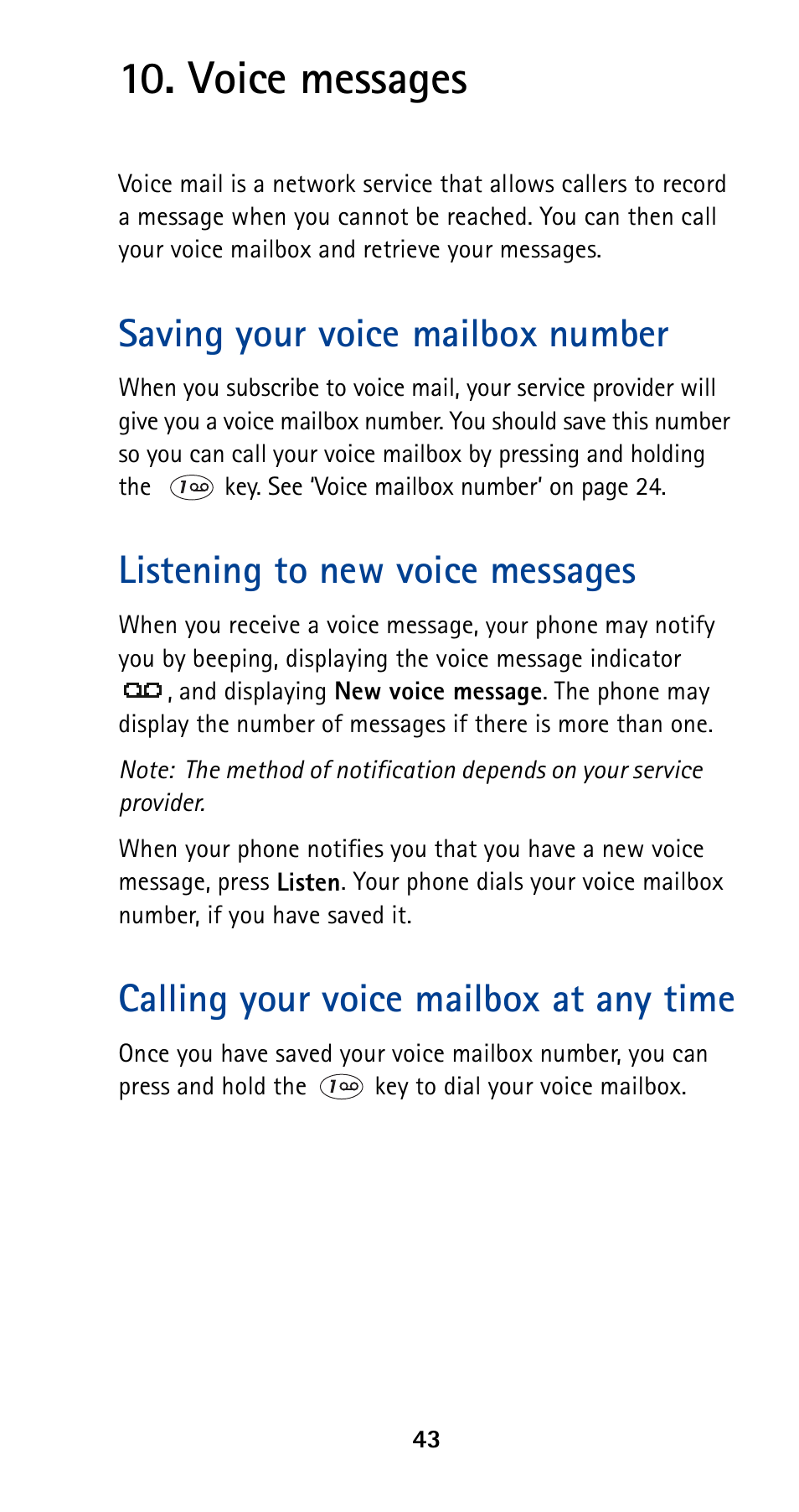 Voice messages, Saving your voice mailbox number, Listening to new voice messages | Calling your voice mailbox at any time | Nokia 5120 User Manual | Page 50 / 85