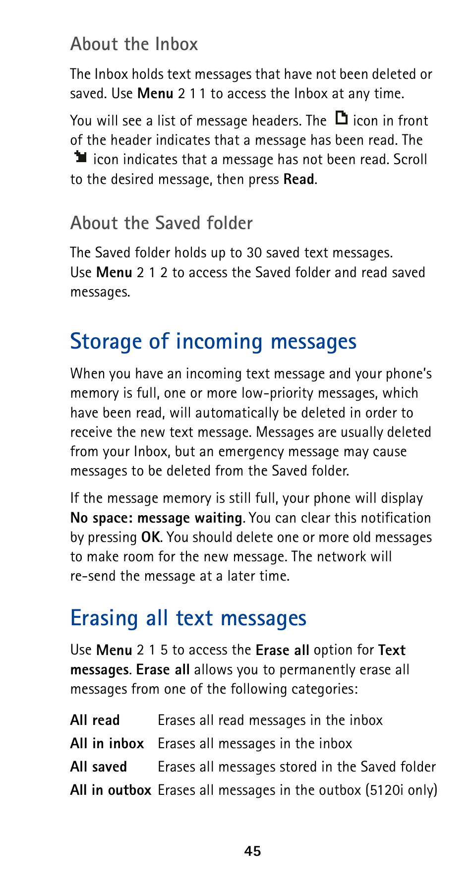Storage of incoming messages, Erasing all text messages, About the inbox | About the saved folder | Nokia 5120 User Manual | Page 52 / 85