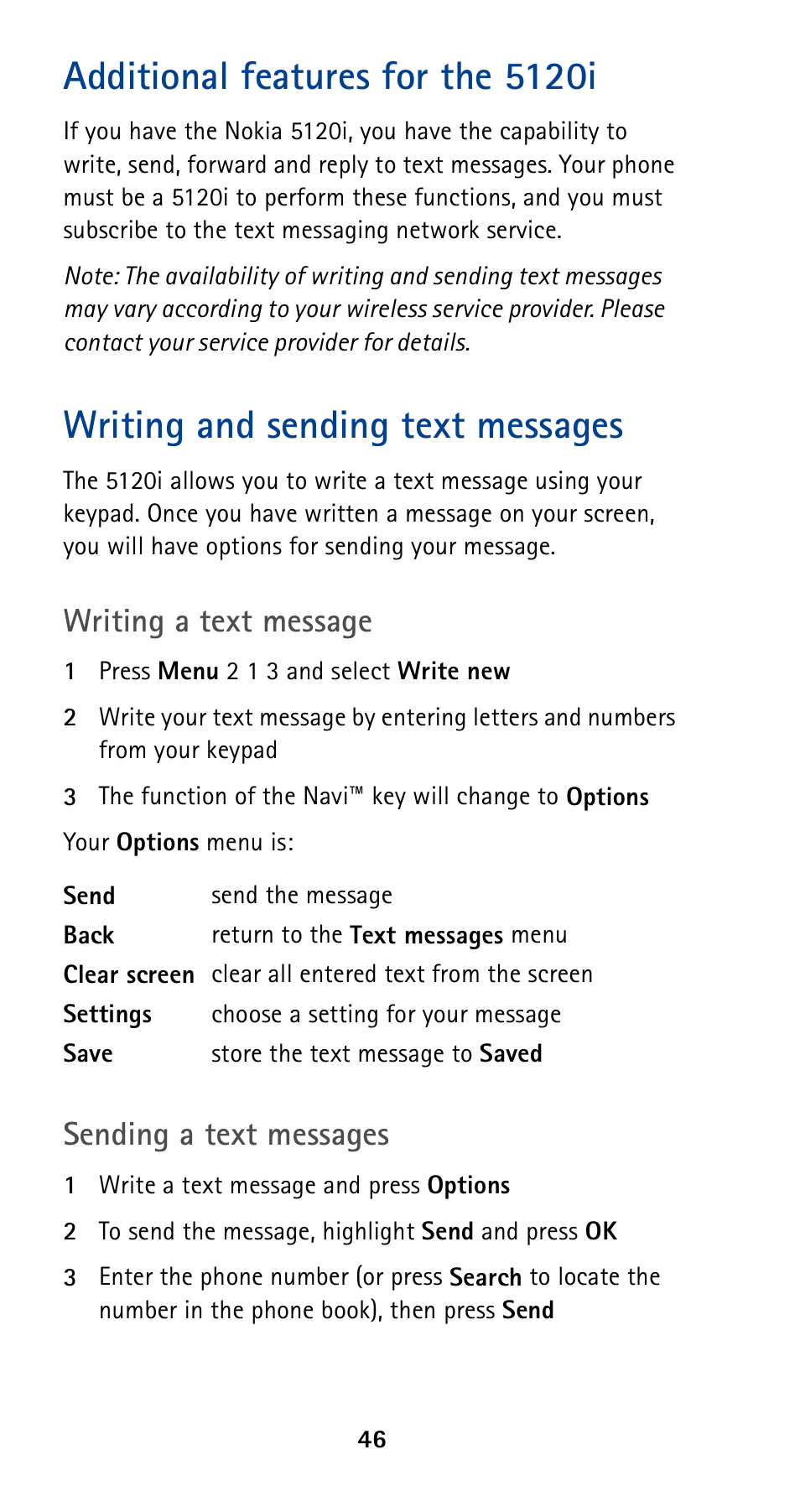 Additional features for the 5120i, Writing and sending text messages, Writing a text message | Sending a text messages | Nokia 5120 User Manual | Page 53 / 85