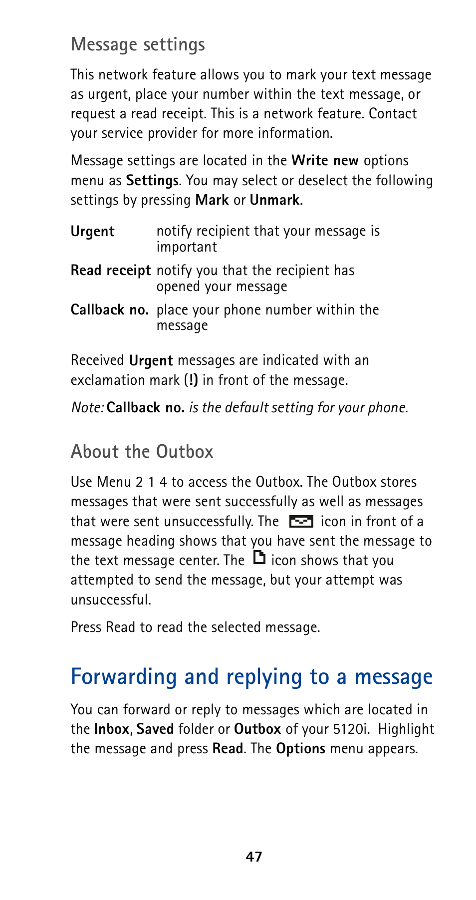 Forwarding and replying to a message, Message settings, About the outbox | Nokia 5120 User Manual | Page 54 / 85
