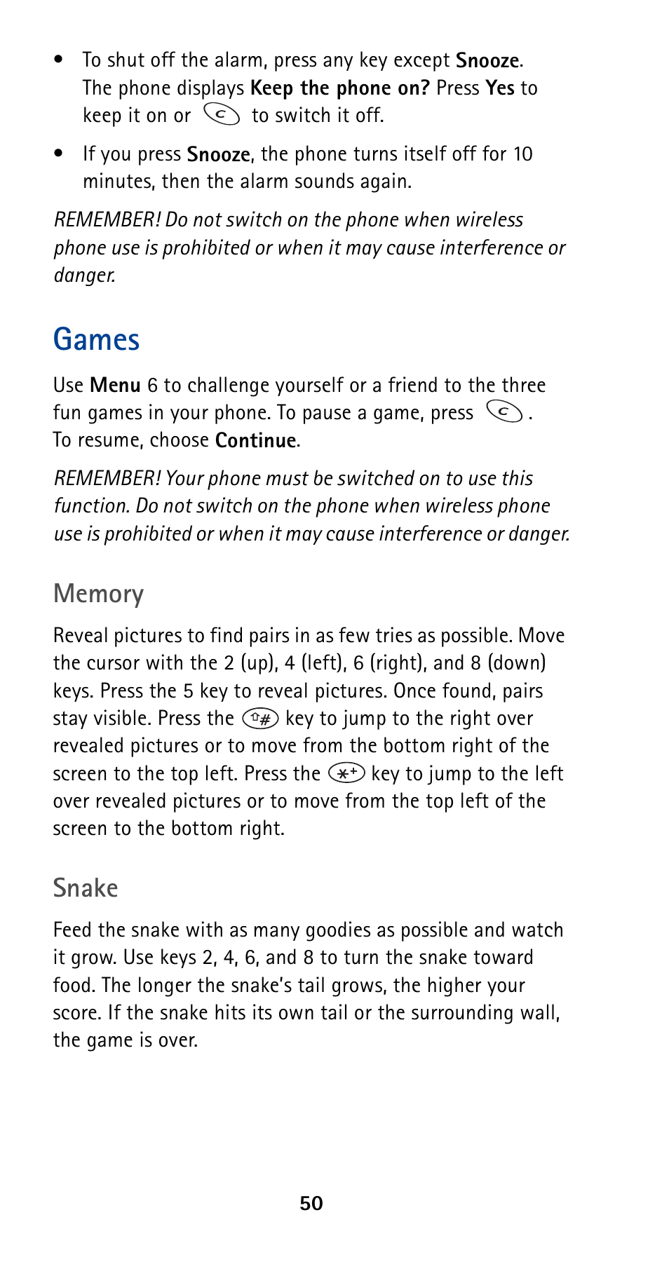 Games, Snake | Nokia 5120 User Manual | Page 57 / 85