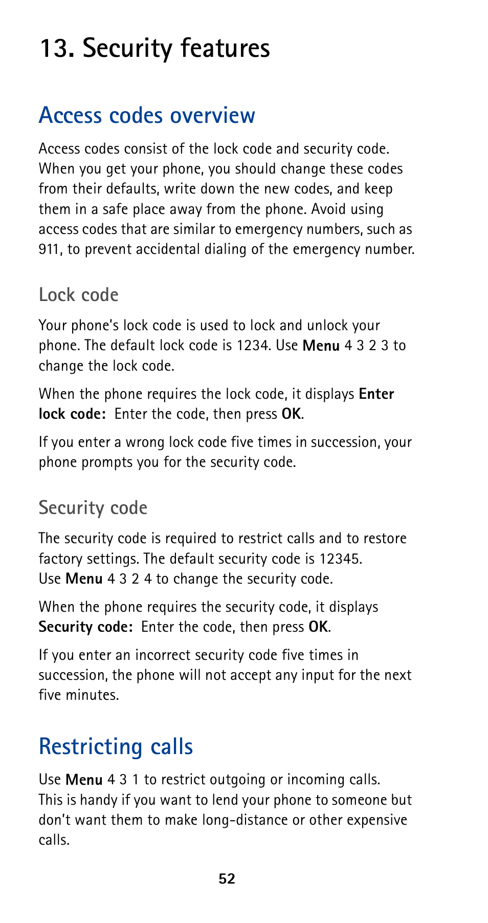 Security features, Access codes overview, Lock code | Security code, Restricting calls | Nokia 5120 User Manual | Page 59 / 85
