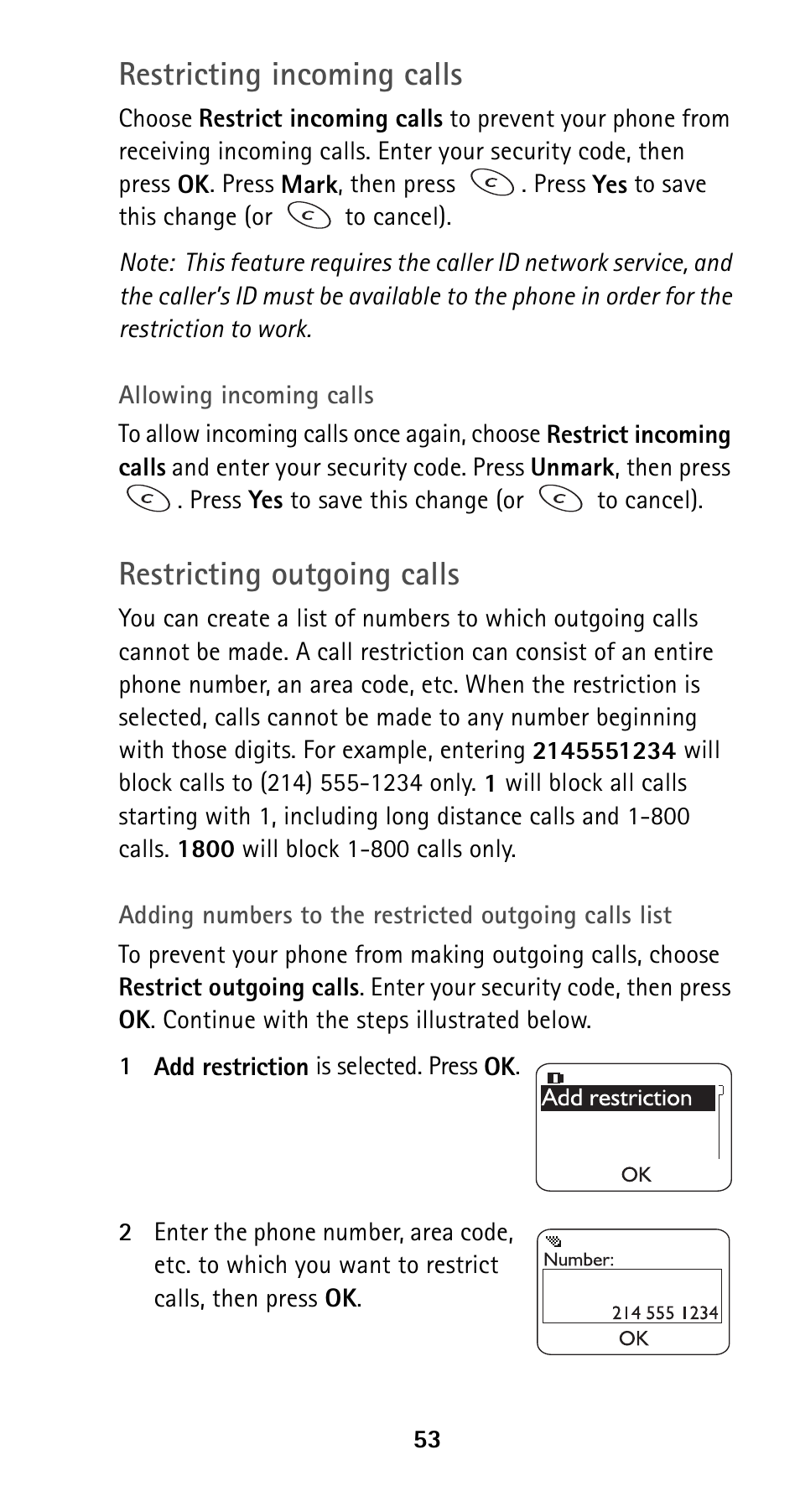 Restricting incoming calls, Restricting outgoing calls | Nokia 5120 User Manual | Page 60 / 85