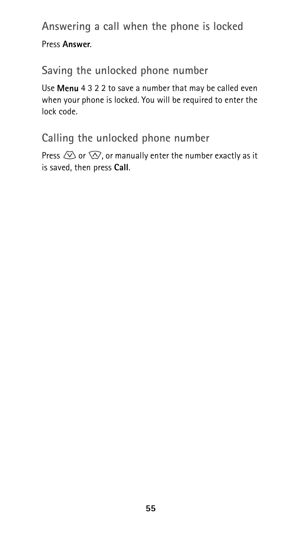 Answering a call when the phone is locked, Saving the unlocked phone number, Calling the unlocked phone number | Nokia 5120 User Manual | Page 62 / 85