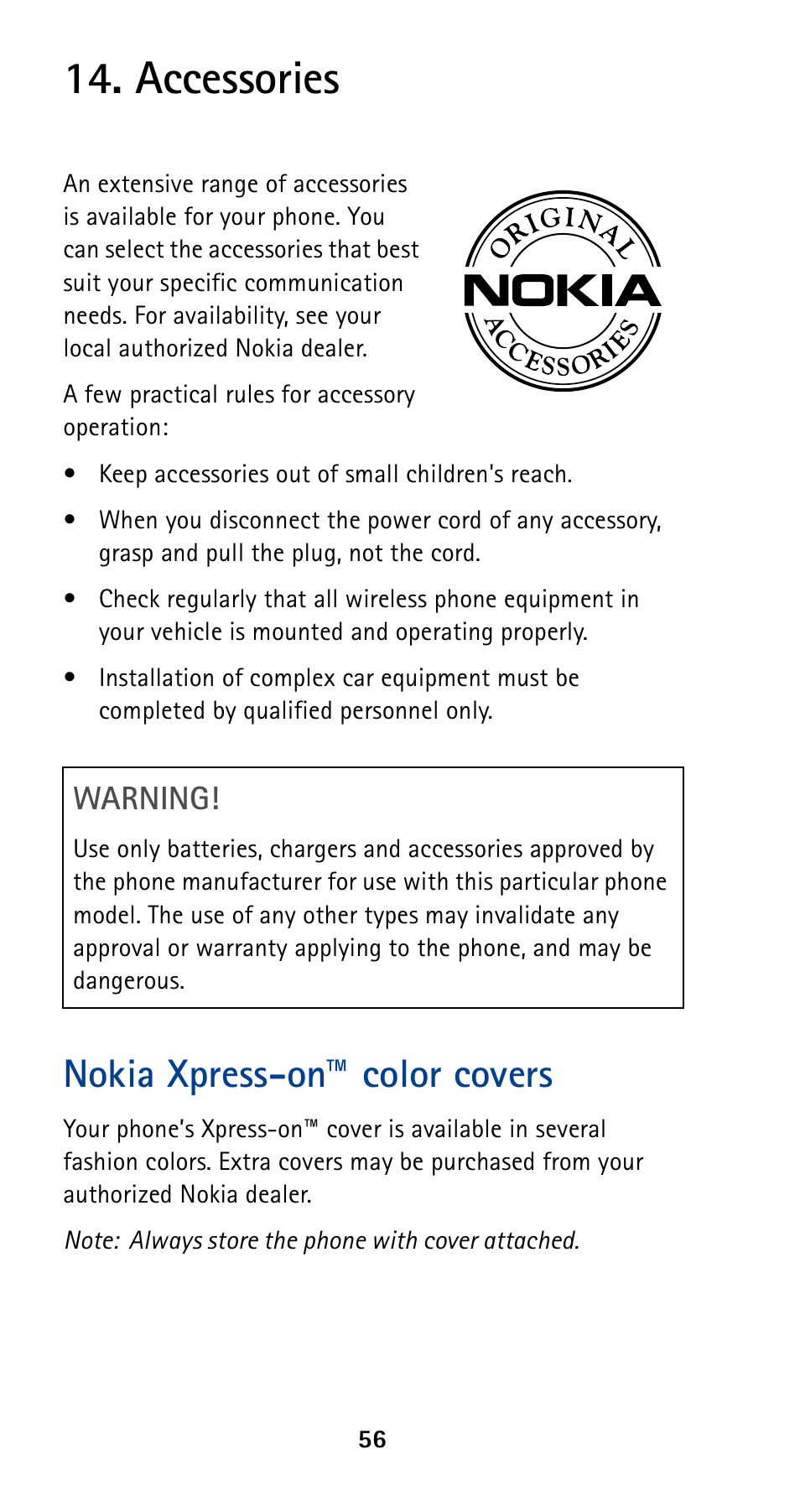Accessories, Nokia xpress-on™ color covers, Warning | Nokia 5120 User Manual | Page 63 / 85