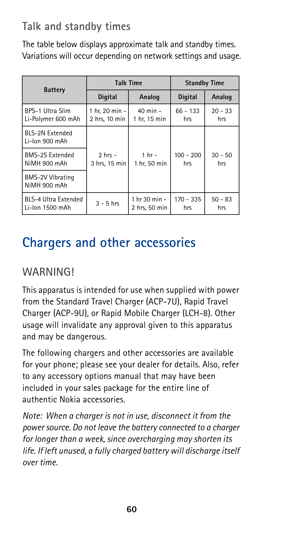 Chargers and other accessories, Talk and standby times, Warning | Nokia 5120 User Manual | Page 67 / 85