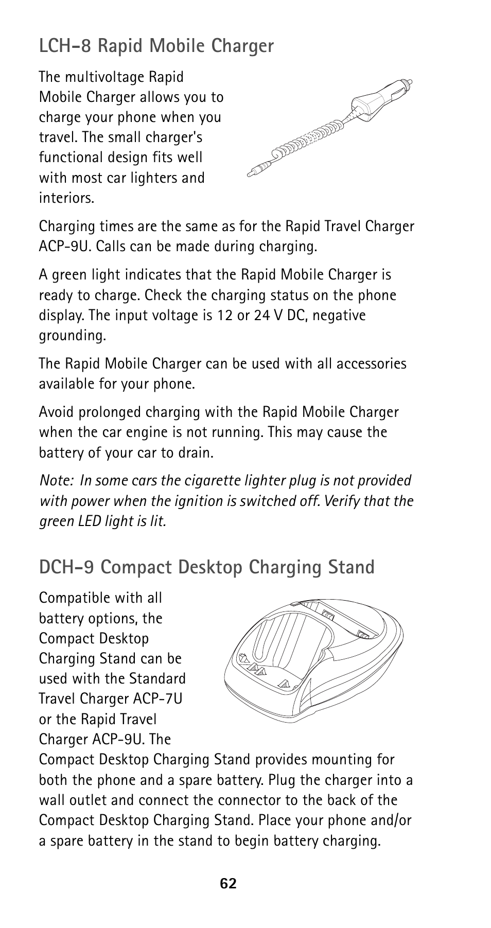 Lch-8 rapid mobile charger, Dch-9 compact desktop charging stand | Nokia 5120 User Manual | Page 69 / 85