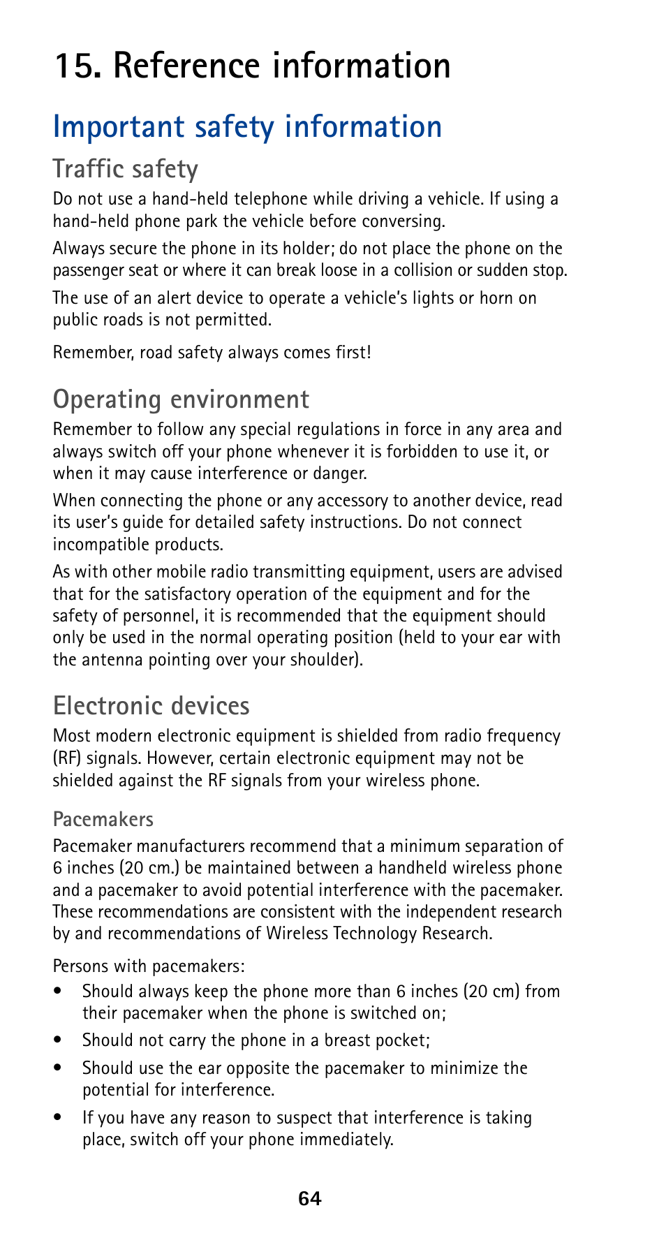 Reference information, Important safety information, Traffic safety | Operating environment, Electronic devices | Nokia 5120 User Manual | Page 71 / 85