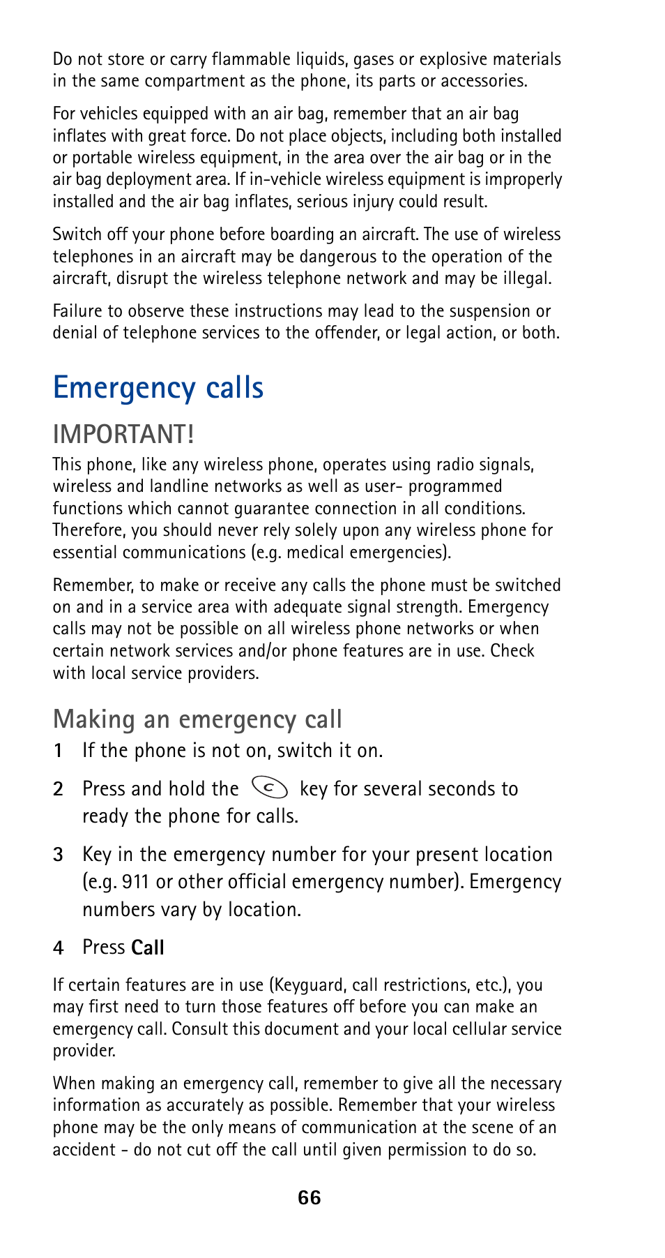 Emergency calls, Important, Making an emergency call | Nokia 5120 User Manual | Page 73 / 85