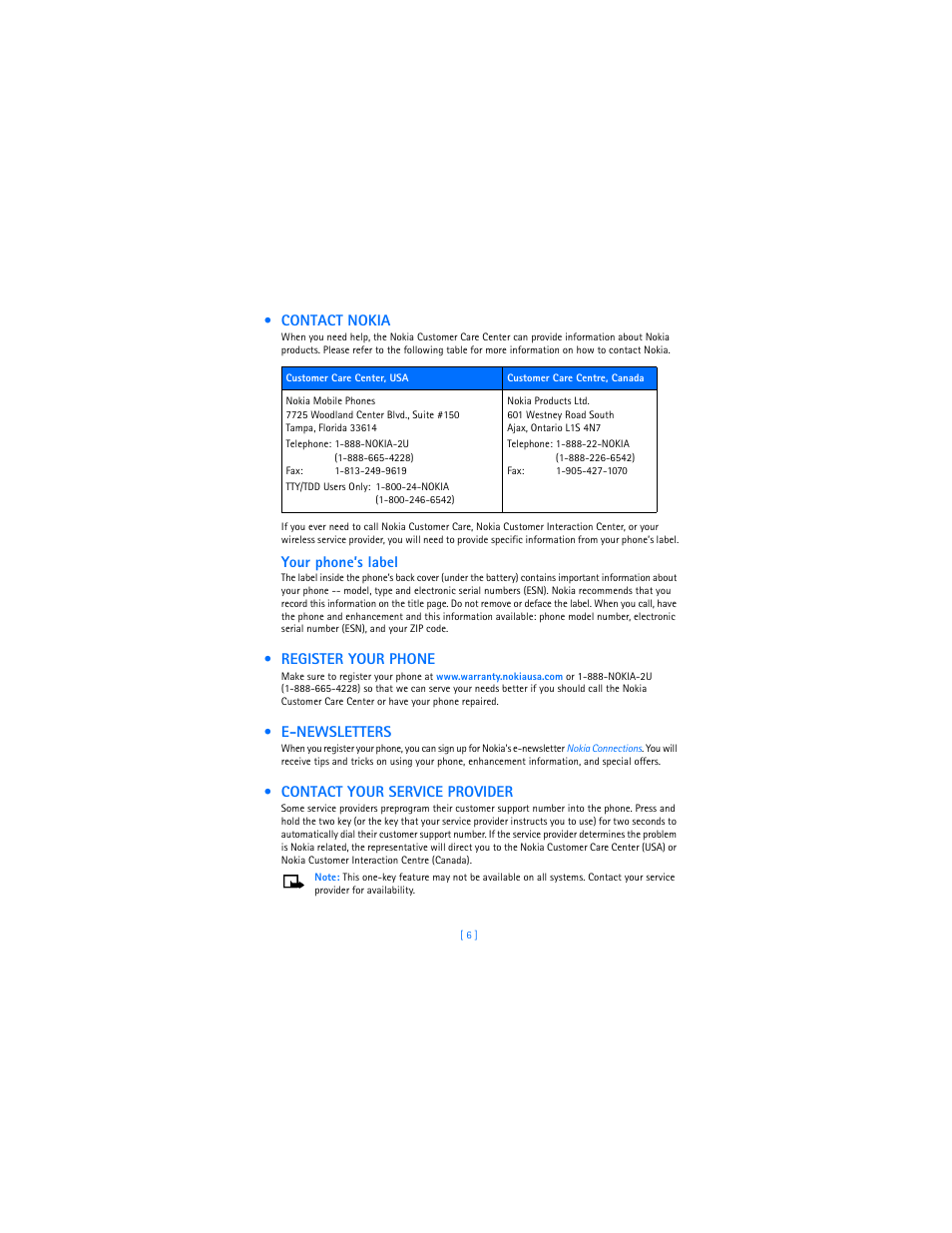 Contact nokia, Register your phone, E-newsletters | Contact your service provider, Your phone’s label | Nokia 3589i User Manual | Page 10 / 104