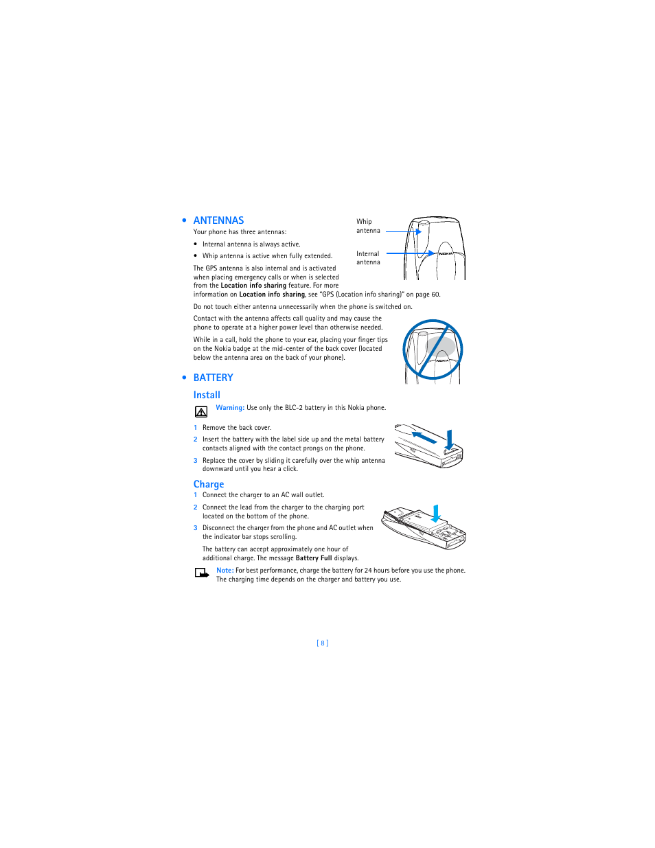 Antennas, Battery, Antennas battery | Battery install, Charge | Nokia 3589i User Manual | Page 12 / 104