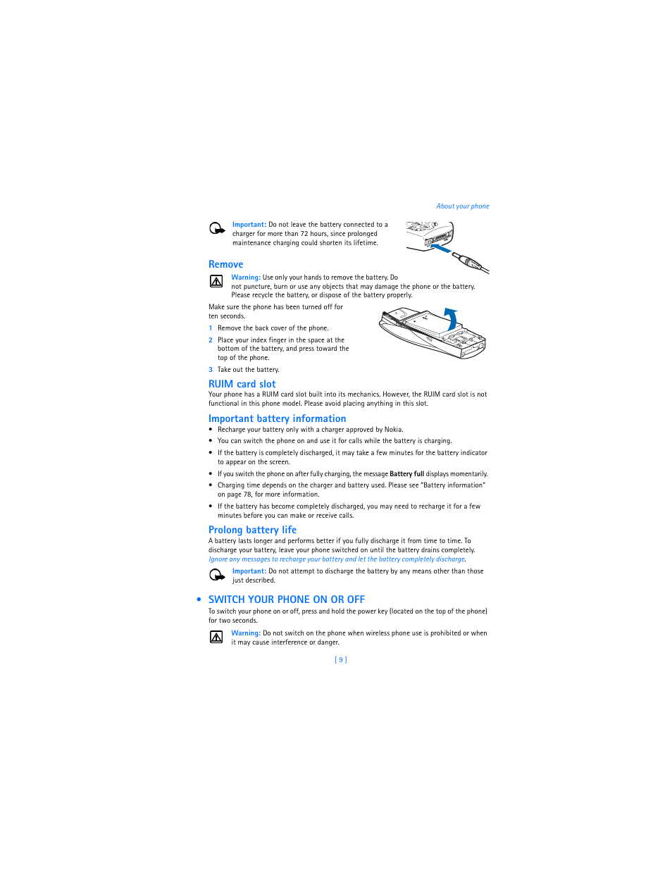Switch your phone on or off, Remove, Ruim card slot | Important battery information, Prolong battery life | Nokia 3589i User Manual | Page 13 / 104