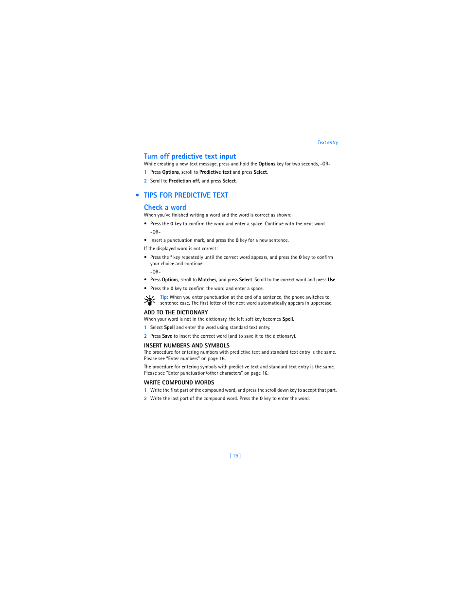 Tips for predictive text, Turn off predictive text input, Tips for predictive text check a word | Nokia 3589i User Manual | Page 23 / 104