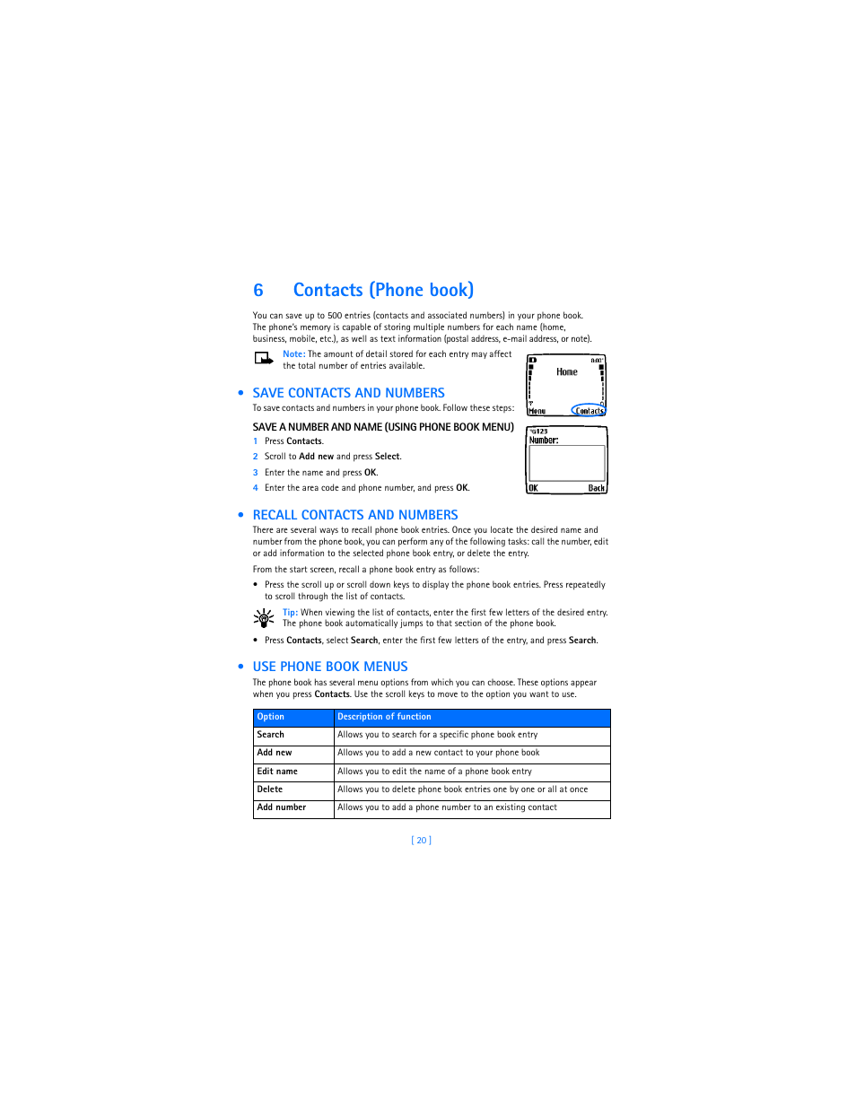 6 contacts (phone book), Save contacts and numbers, Recall contacts and numbers | Use phone book menus, Contacts (phone book), 6contacts (phone book) | Nokia 3589i User Manual | Page 24 / 104