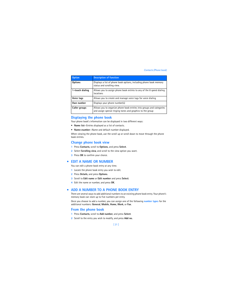 Edit a name or number, Add a number to a phone book entry, Displaying the phone book | Change phone book view | Nokia 3589i User Manual | Page 25 / 104