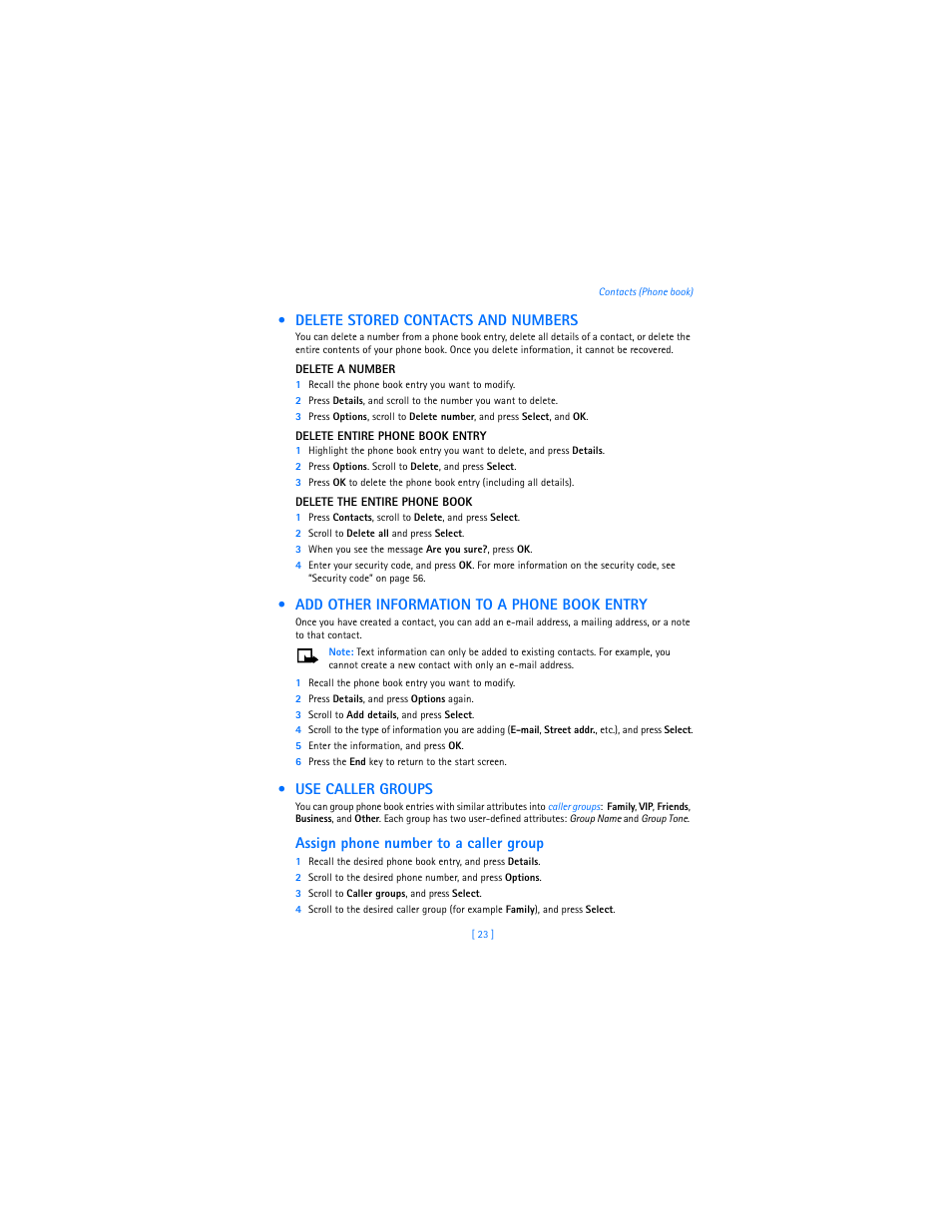 Delete stored contacts and numbers, Add other information to a phone book entry, Use caller groups | Phone book entry, Assign phone number to a caller group | Nokia 3589i User Manual | Page 27 / 104