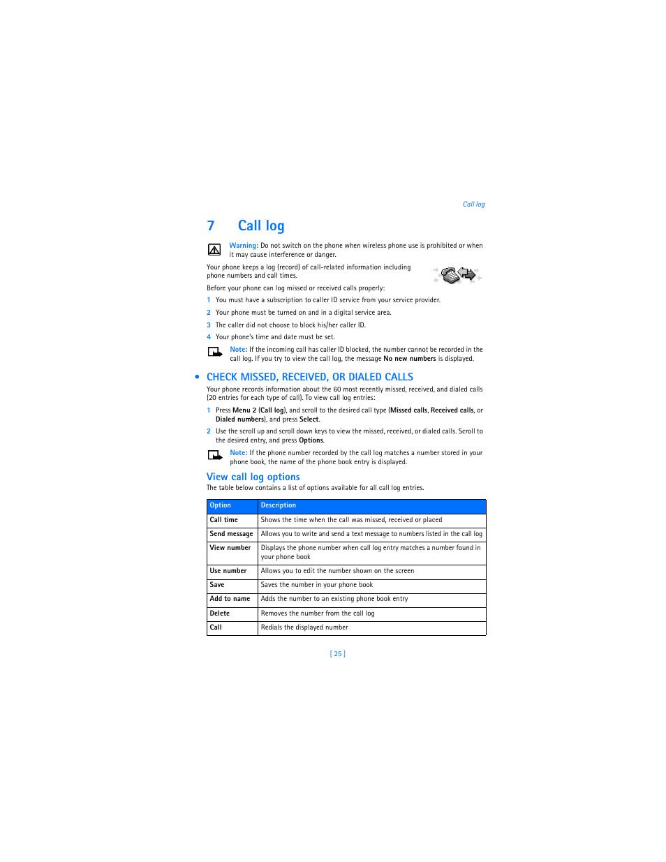 7 call log, Check missed, received, or dialed calls, Call log | Check missed, received, or dialed calls . 25, 7call log, View call log options | Nokia 3589i User Manual | Page 29 / 104