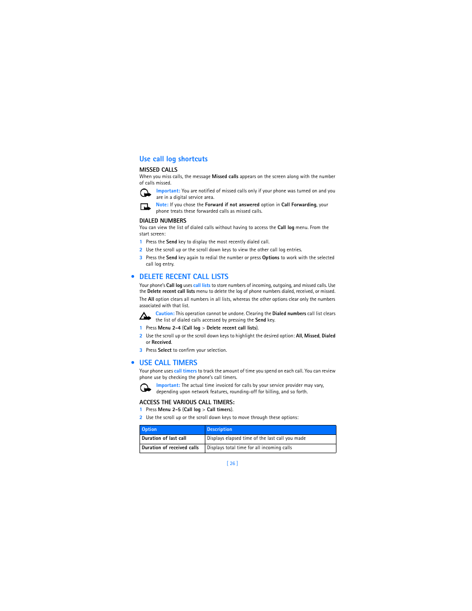 Delete recent call lists, Use call timers, Delete recent call lists use call timers | Use call log shortcuts | Nokia 3589i User Manual | Page 30 / 104