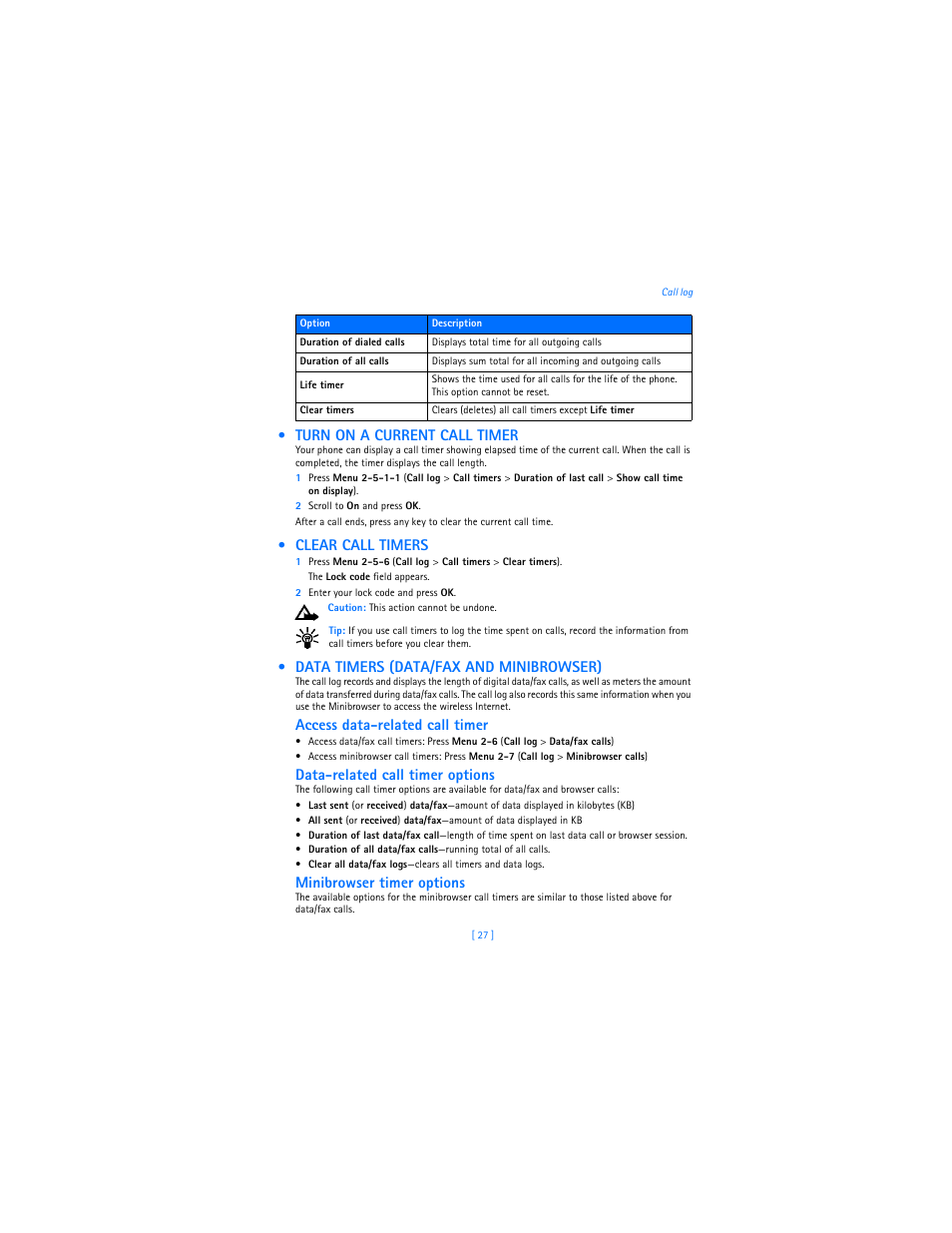 Turn on a current call timer, Clear call timers, Data timers (data/fax and minibrowser) | Data/fax and minibrowser), Access data-related call timer, Data-related call timer options, Minibrowser timer options | Nokia 3589i User Manual | Page 31 / 104