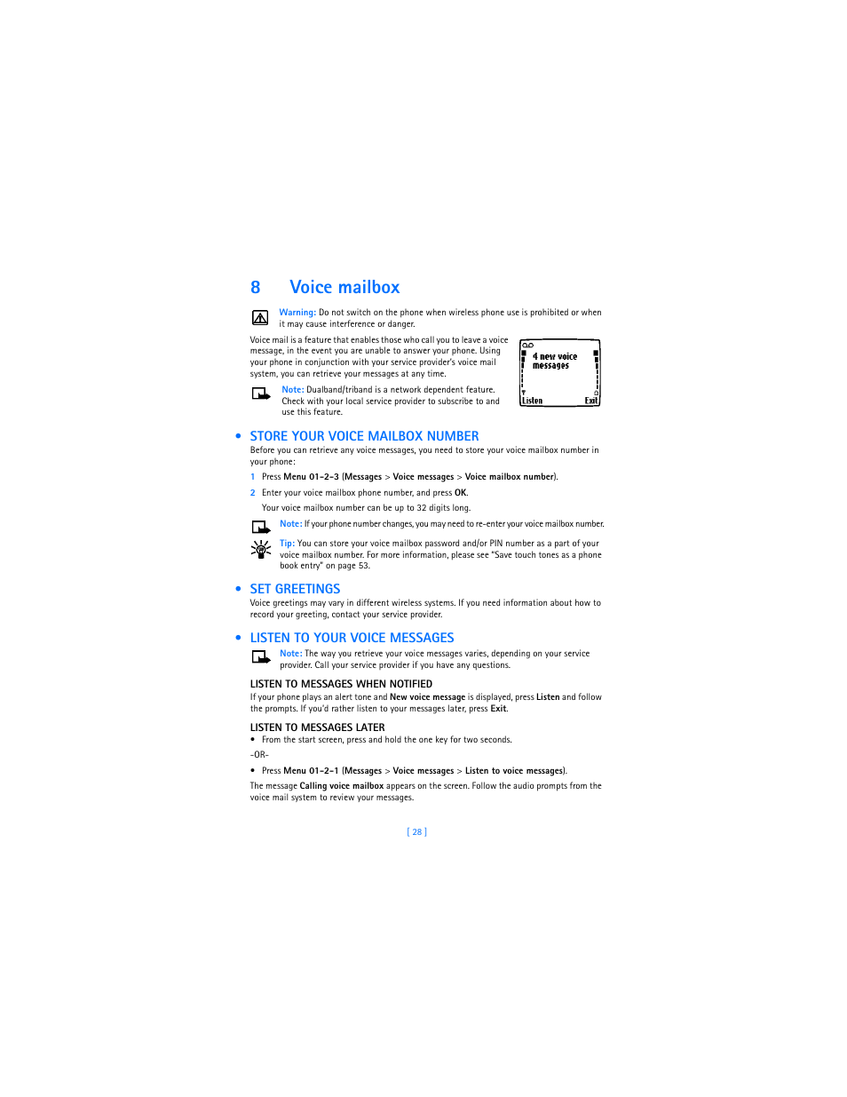8 voice mailbox, Store your voice mailbox number, Set greetings | Listen to your voice messages, Voice mailbox, 8voice mailbox | Nokia 3589i User Manual | Page 32 / 104