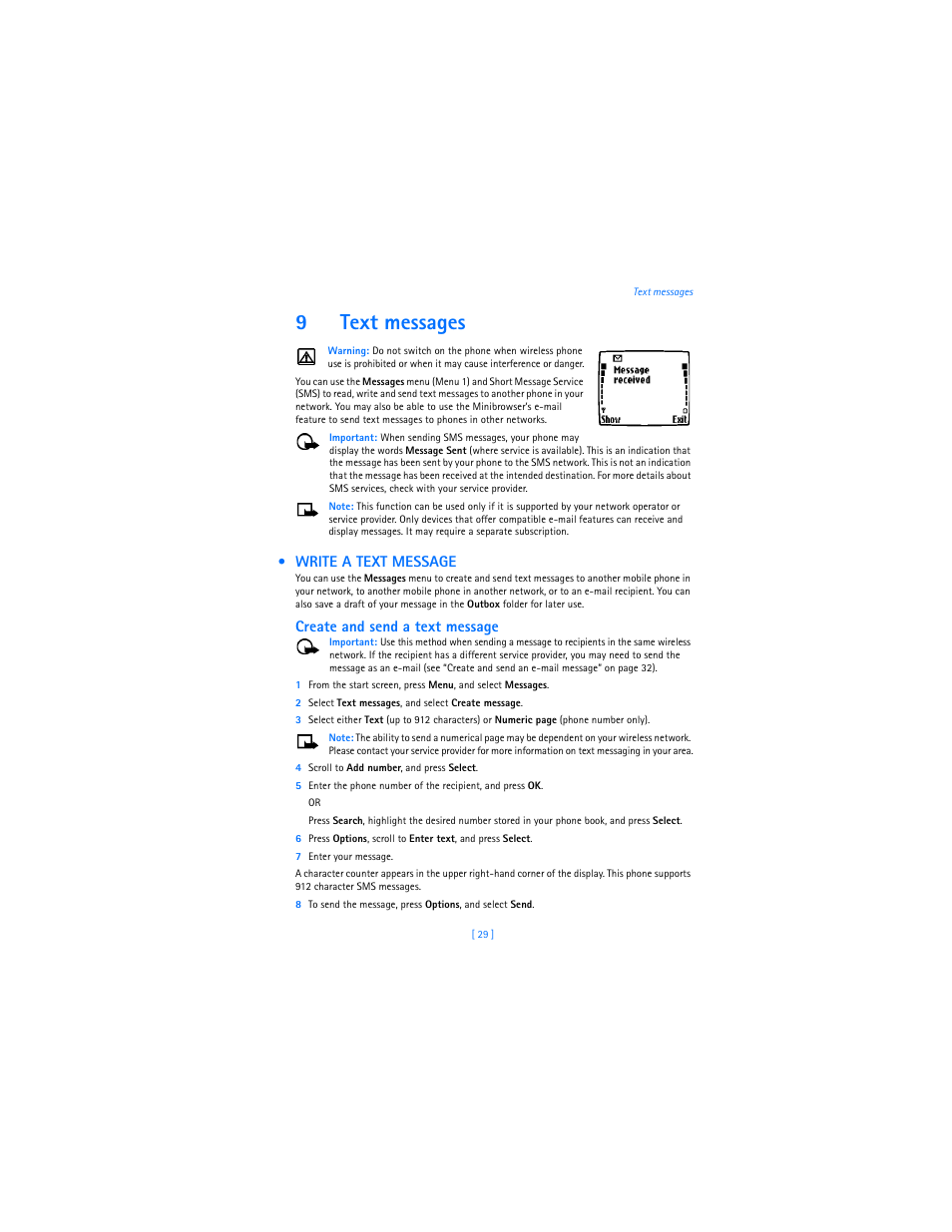 9 text messages, Write a text message, Text messages | 9text messages, Create and send a text message | Nokia 3589i User Manual | Page 33 / 104