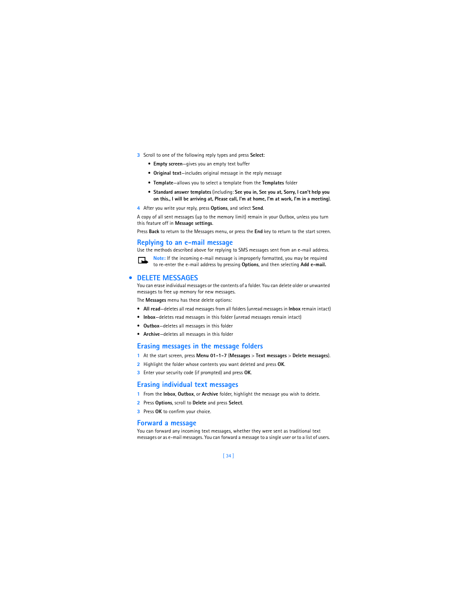 Delete messages, Replying to an e-mail message, Erasing messages in the message folders | Erasing individual text messages, Forward a message | Nokia 3589i User Manual | Page 38 / 104
