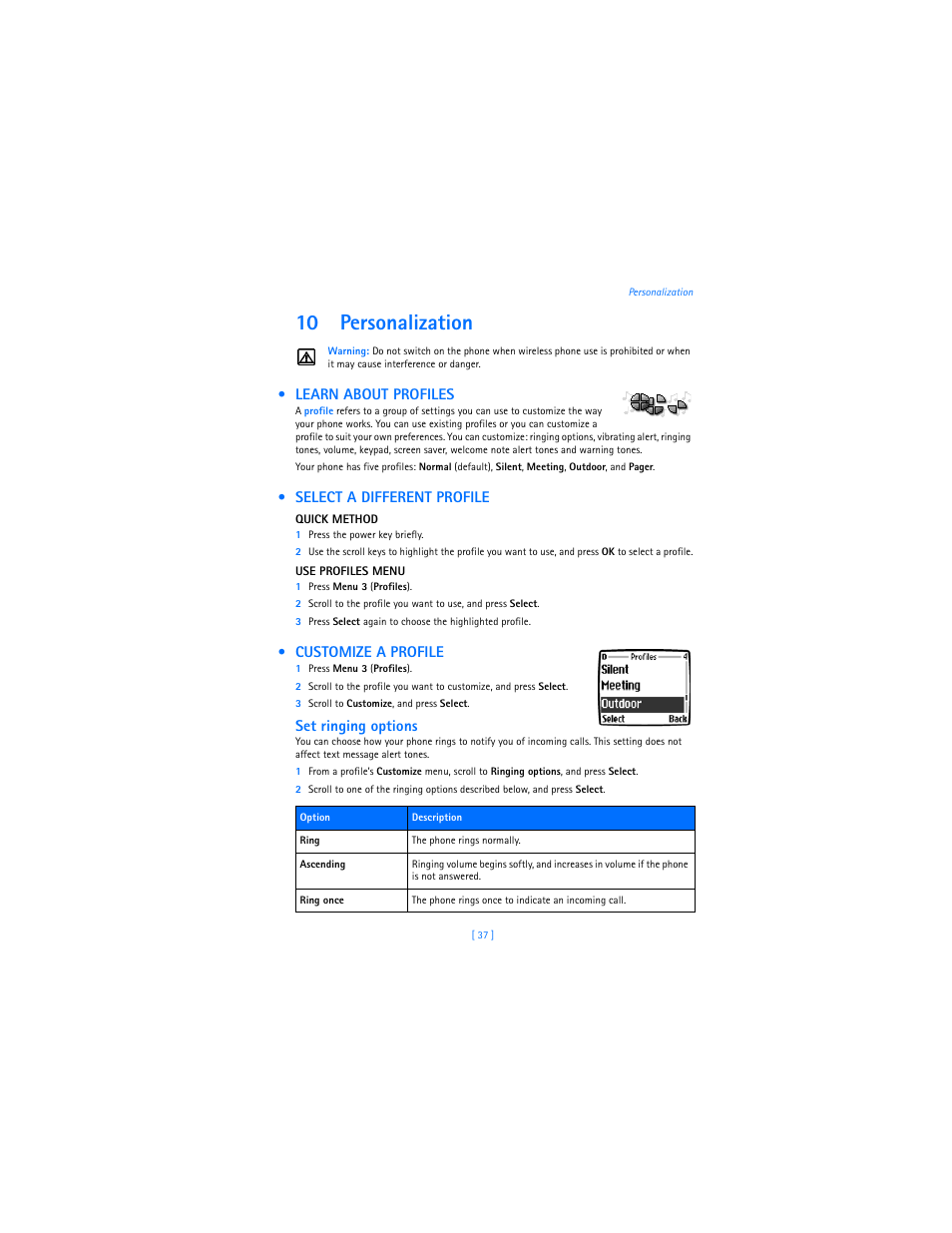 10 personalization, Learn about profiles, Select a different profile | Customize a profile, Personalization, Set ringing options | Nokia 3589i User Manual | Page 41 / 104
