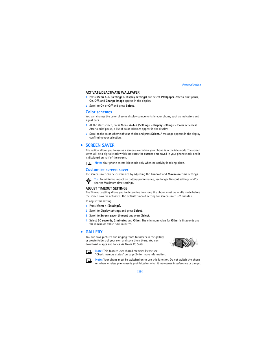 Screen saver, Gallery, Screen saver gallery | Color schemes, Customize screen saver | Nokia 3589i User Manual | Page 43 / 104