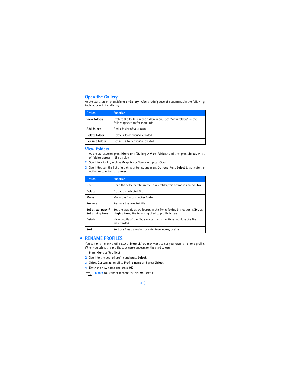 Rename profiles, Open the gallery, View folders | Nokia 3589i User Manual | Page 44 / 104