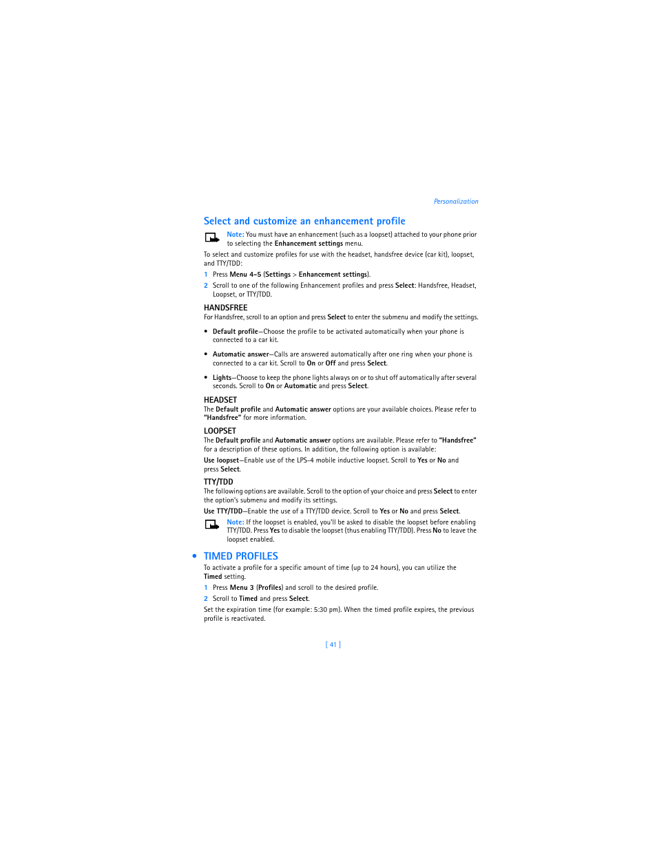 Timed profiles, Select and customize an enhancement profile | Nokia 3589i User Manual | Page 45 / 104