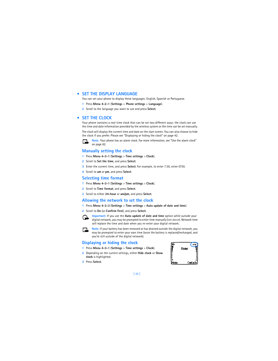 Set the display language, Set the clock, Set the display language set the clock | Manually setting the clock, Selecting time format, Allowing the network to set the clock, Displaying or hiding the clock | Nokia 3589i User Manual | Page 46 / 104