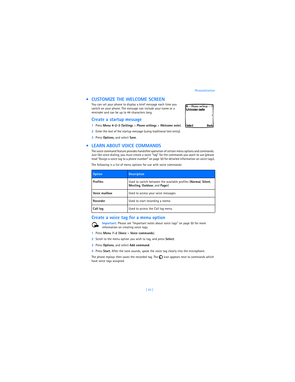 Customize the welcome screen, Learn about voice commands, Create a startup message | Create a voice tag for a menu option | Nokia 3589i User Manual | Page 47 / 104