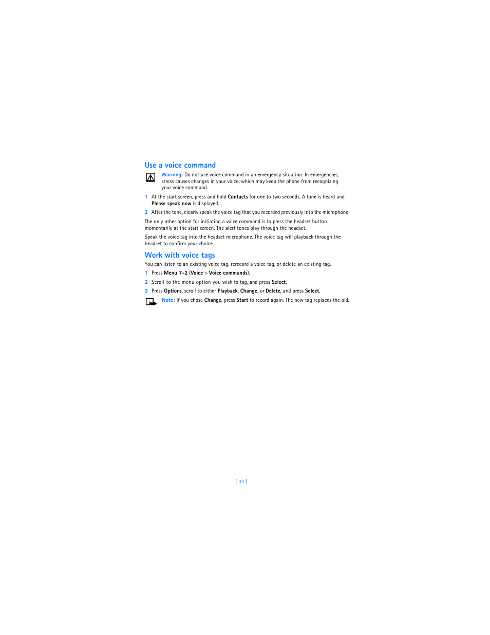 Use a voice command, Work with voice tags | Nokia 3589i User Manual | Page 48 / 104